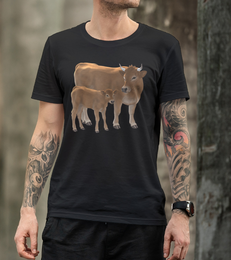 Aubrac Or Jersey Brown Cow And Cute Calf Cattle T-Shirt