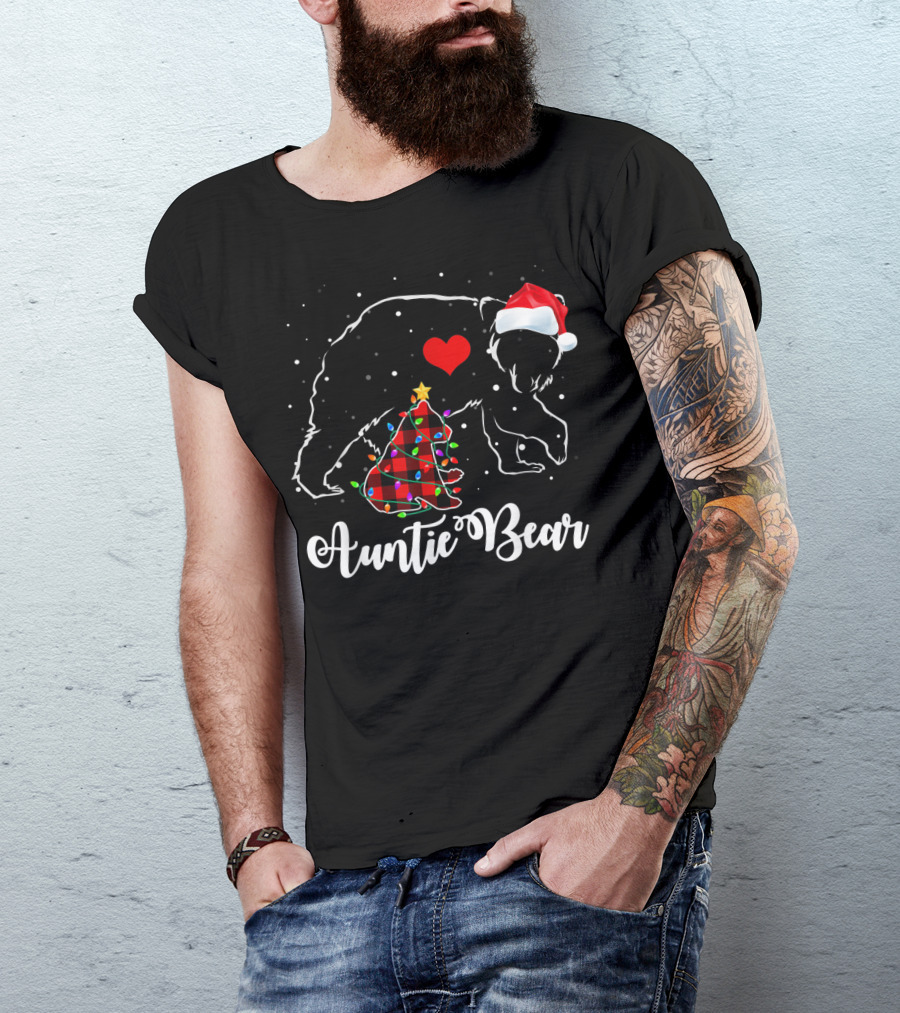 Auntie Bear Red Plaid Christmas Tree Santa Hat Heart T-Shirt