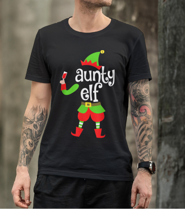 Aunty Elf Christmas Wine Lover Holiday T-Shirt