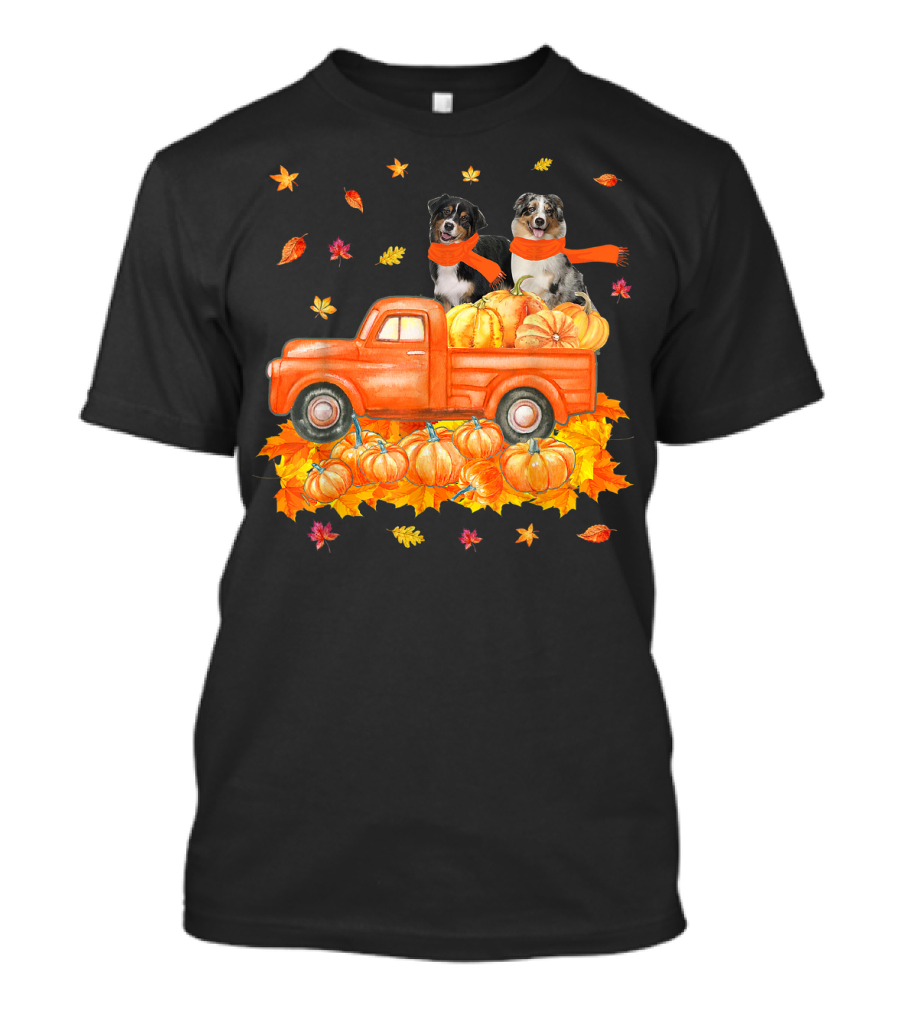 Australian Shepherds In Orange Pumpkin Truck With Autumn Leaves And Scarves T-Shirt