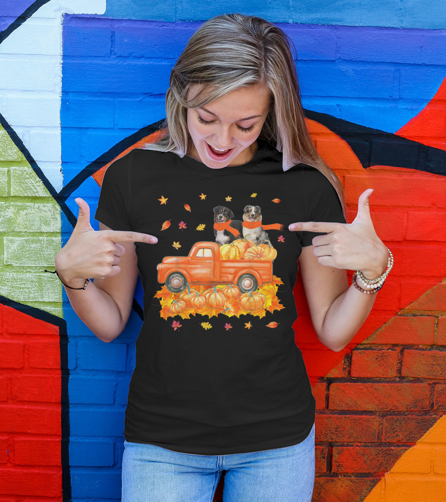 Australian Shepherds In Orange Pumpkin Truck With Autumn Leaves And Scarves T-Shirt