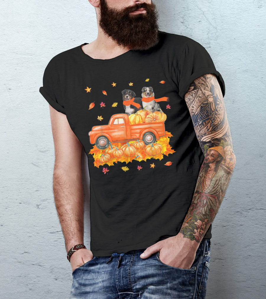 Australian Shepherds In Orange Pumpkin Truck With Autumn Leaves And Scarves T-Shirt