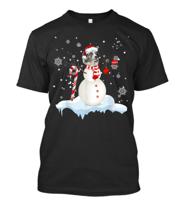 Australian Shepherd Snowman With Candy Cane And Red T-Shirt