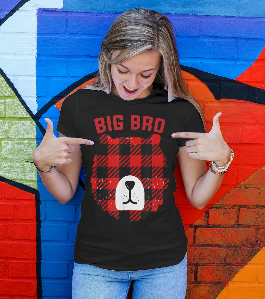 Big Bro Bear Red Plaid Buffalo Check Face T-Shirt
