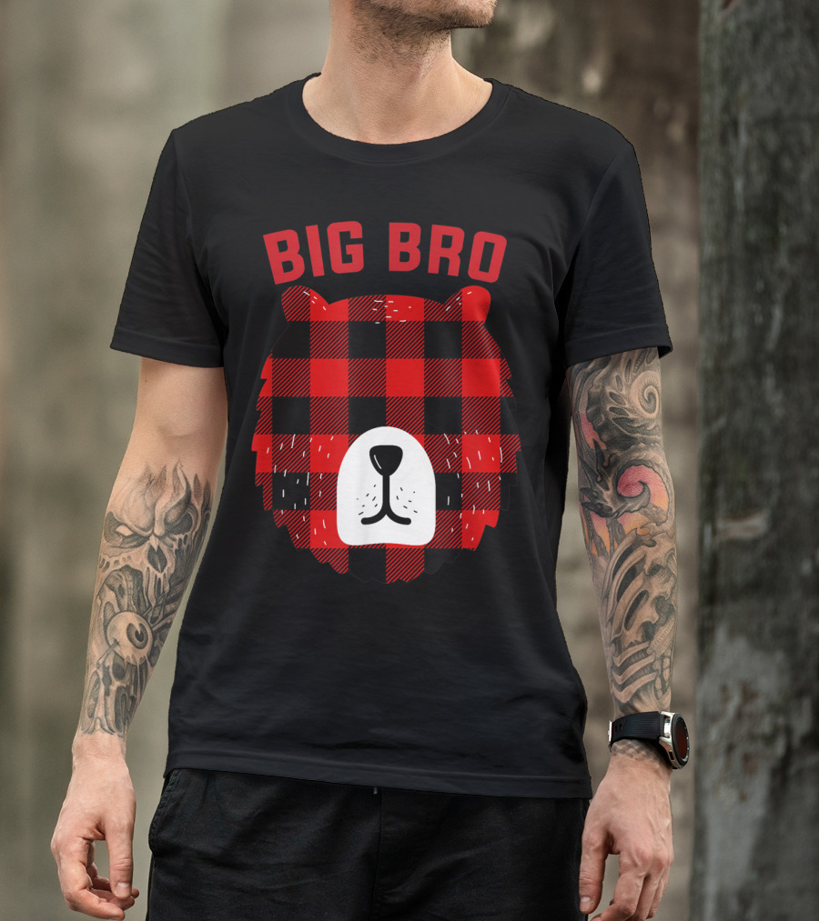 Big Bro Bear Red Plaid Buffalo Check Face T-Shirt