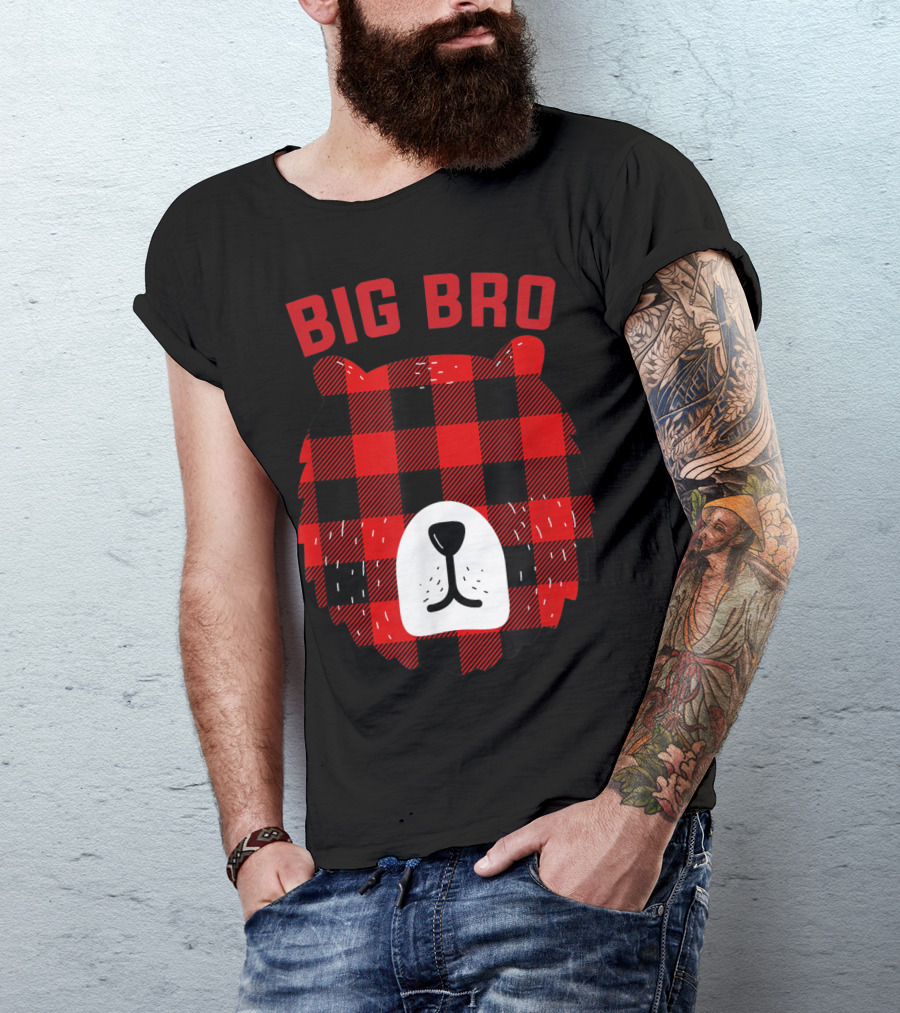 Big Bro Bear Red Plaid Buffalo Check Face T-Shirt