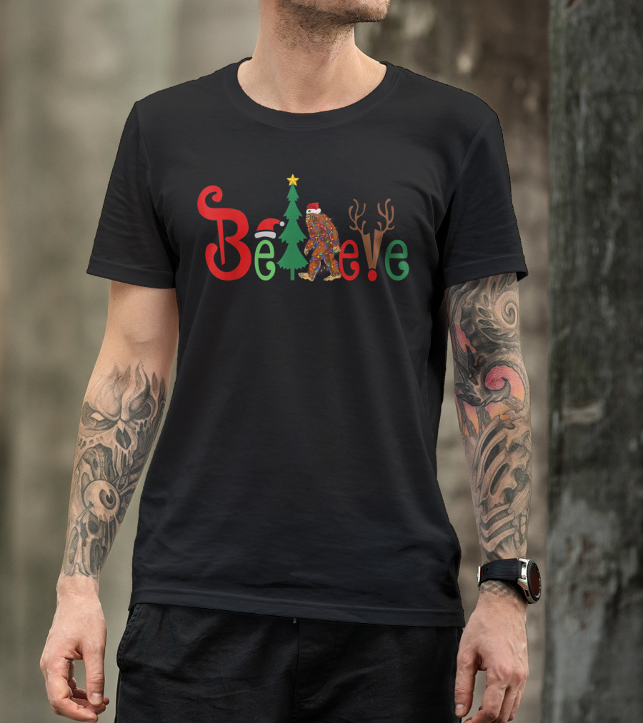 Believe Bigfoot Santa Hat Christmas Tree Reindeer Antlers T-Shirt