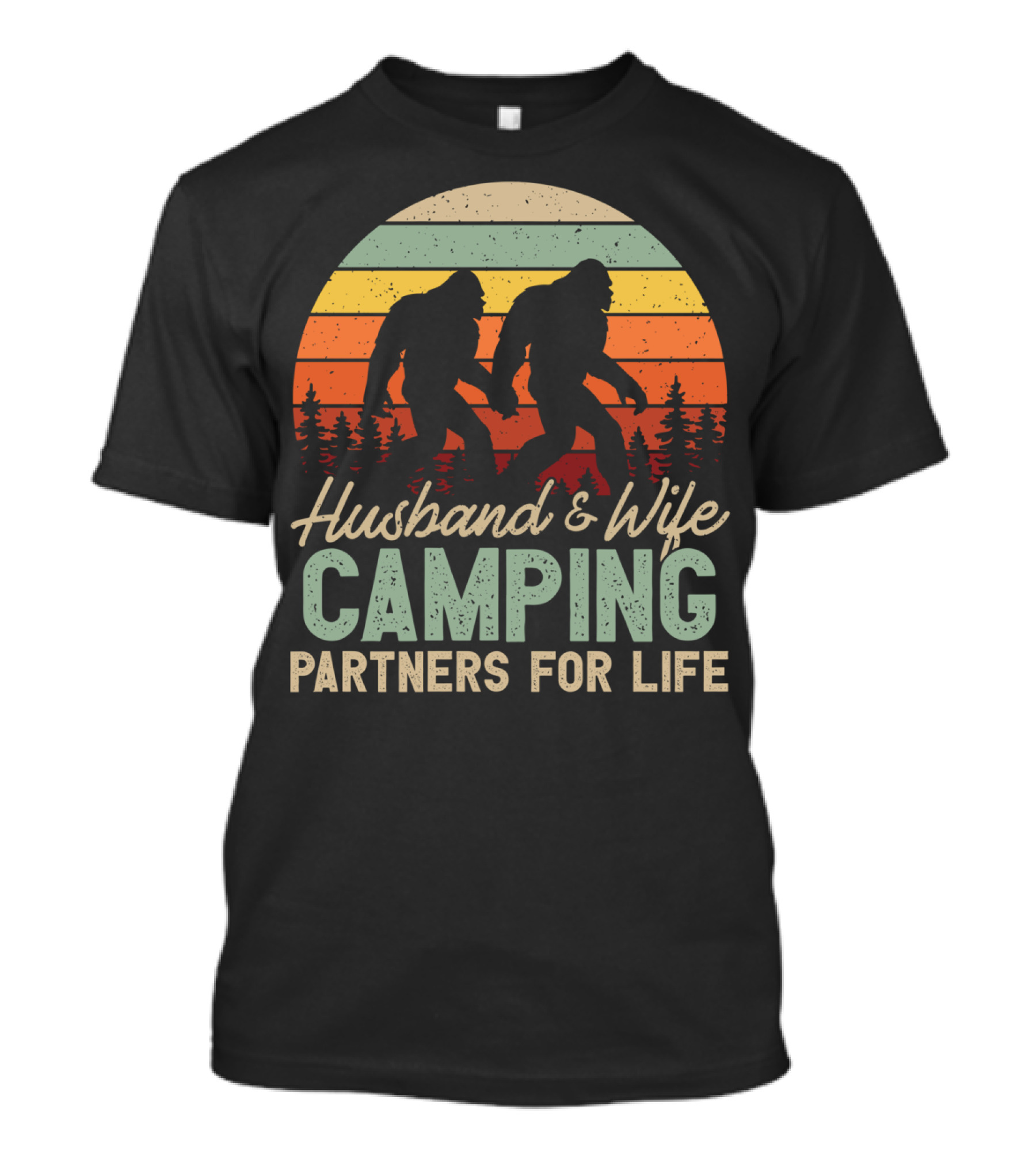 Husband And Wife Camping Partners For Life Bigfoot Retro Sunset T-Shirt
