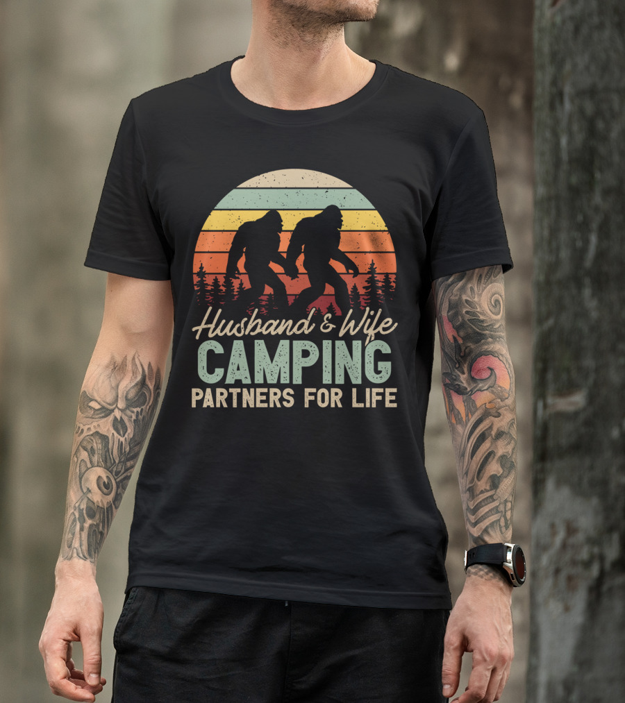 Husband And Wife Camping Partners For Life Bigfoot Retro Sunset T-Shirt