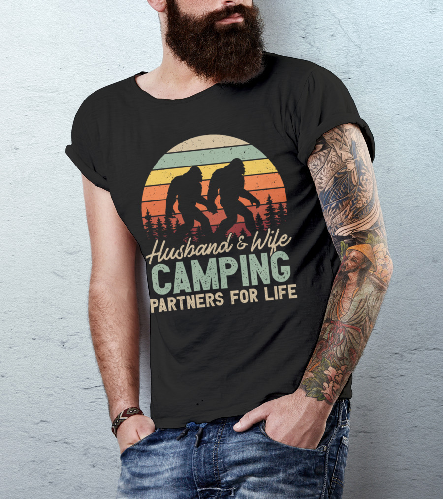 Husband And Wife Camping Partners For Life Bigfoot Retro Sunset T-Shirt
