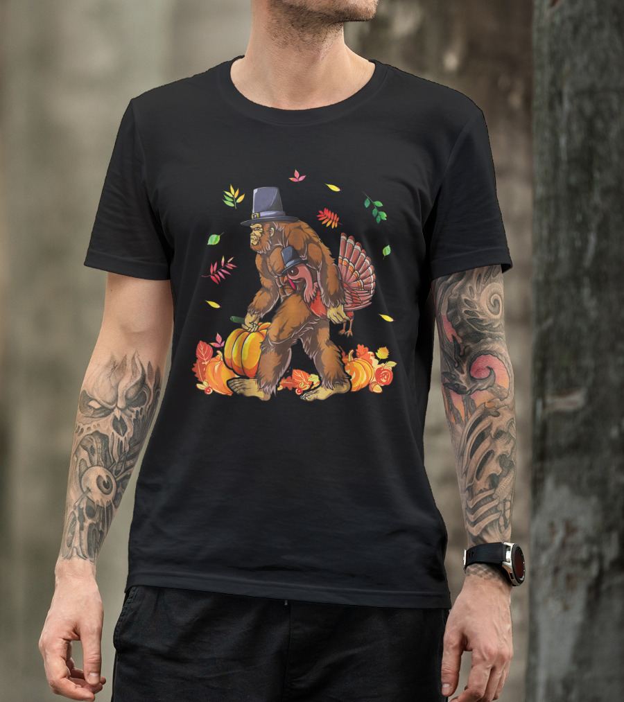 Bigfoot Carrying Turkey With Pumpkin And Fall Leaves T-Shirt