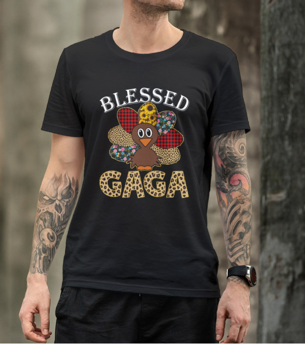 Blessed Gaga Turkey Cartoon With Patterned Feathers T-Shirt