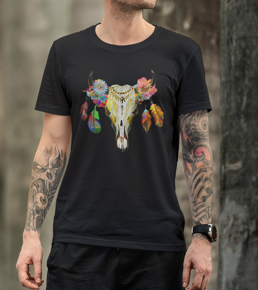Bohemian Sr Boho Desert Chic Colorful Floral Feather Cattle Cow Skull T-Shirt