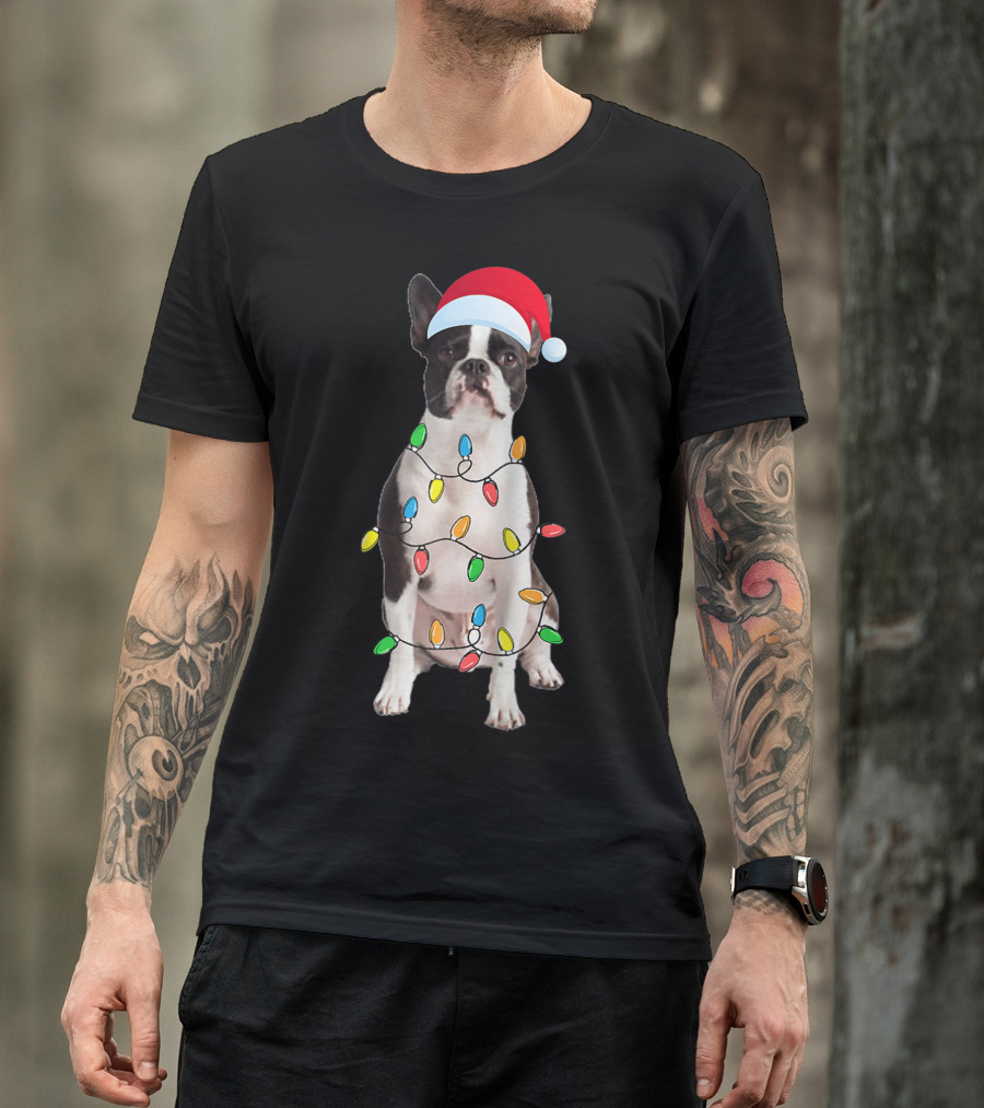 Boston Terrier Christmas Dog Wrapped In Lights With Santa Hat T-Shirt