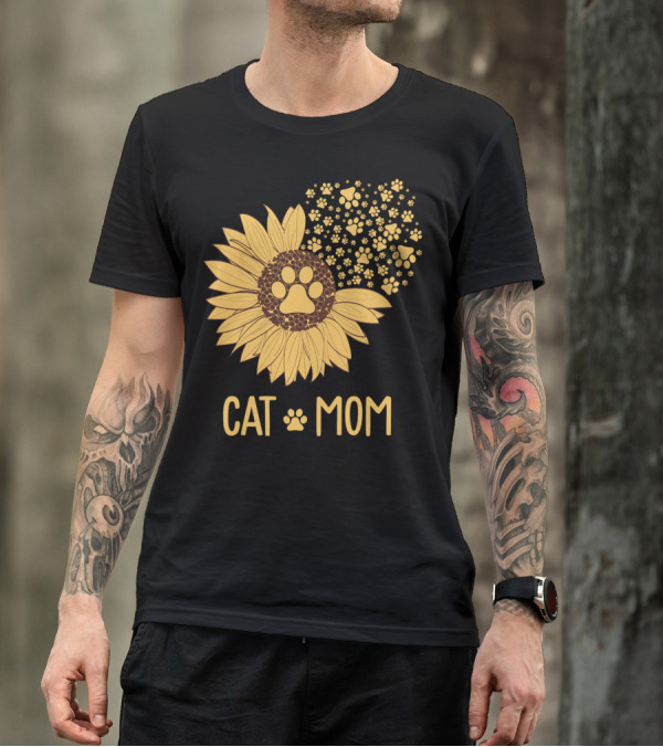 Cat Mom Sunflower Paw Print Blossoms T-Shirt
