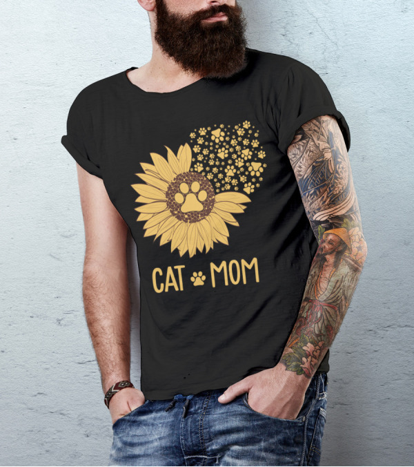 Cat Mom Sunflower Paw Print Blossoms T-Shirt