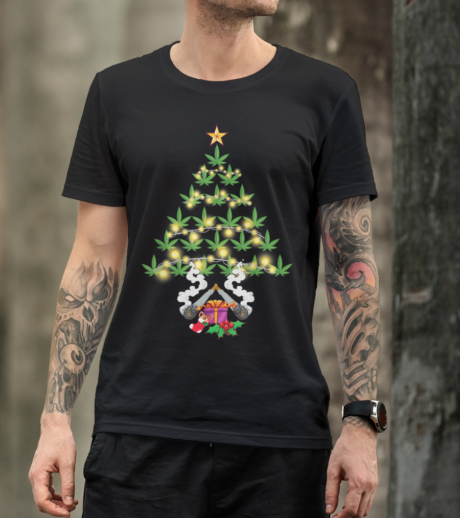 Cannabis Christmas Tree Marijuana Weed Leaf Lights Smoke Present Stocking Holly Star T-Shirt