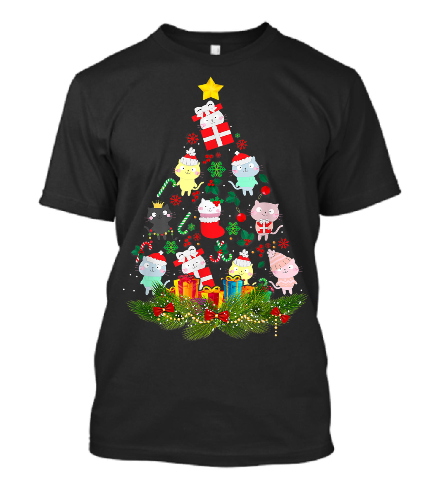 Cat Christmas Tree With Lights And Gifts Meowy T-Shirt
