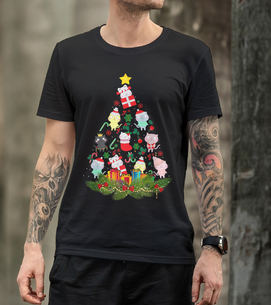 Cat Christmas Tree With Lights And Gifts Meowy T-Shirt