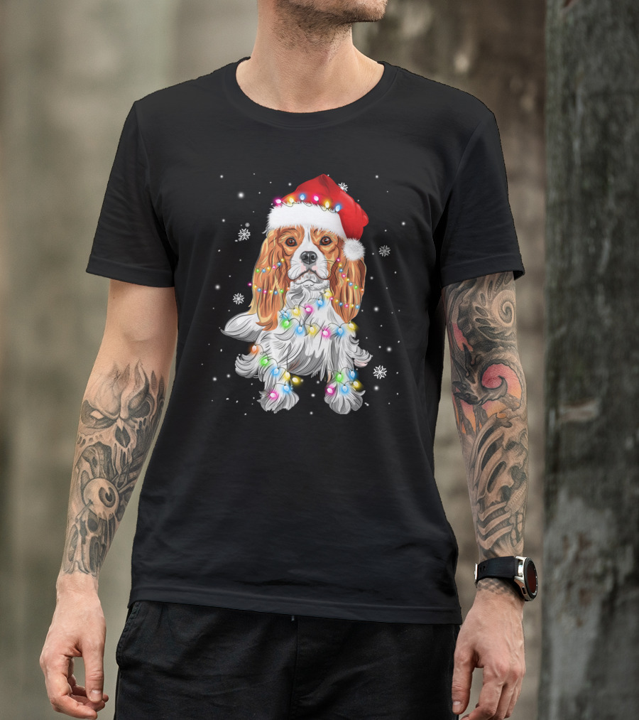 Cavalier King Charles Spaniel Dog In Santa Hat With Christmas Lights T-Shirt