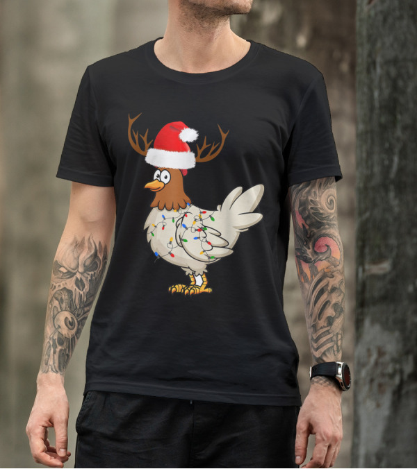 Chicken Christmas Reindeer Santa Hat Lights T-Shirt