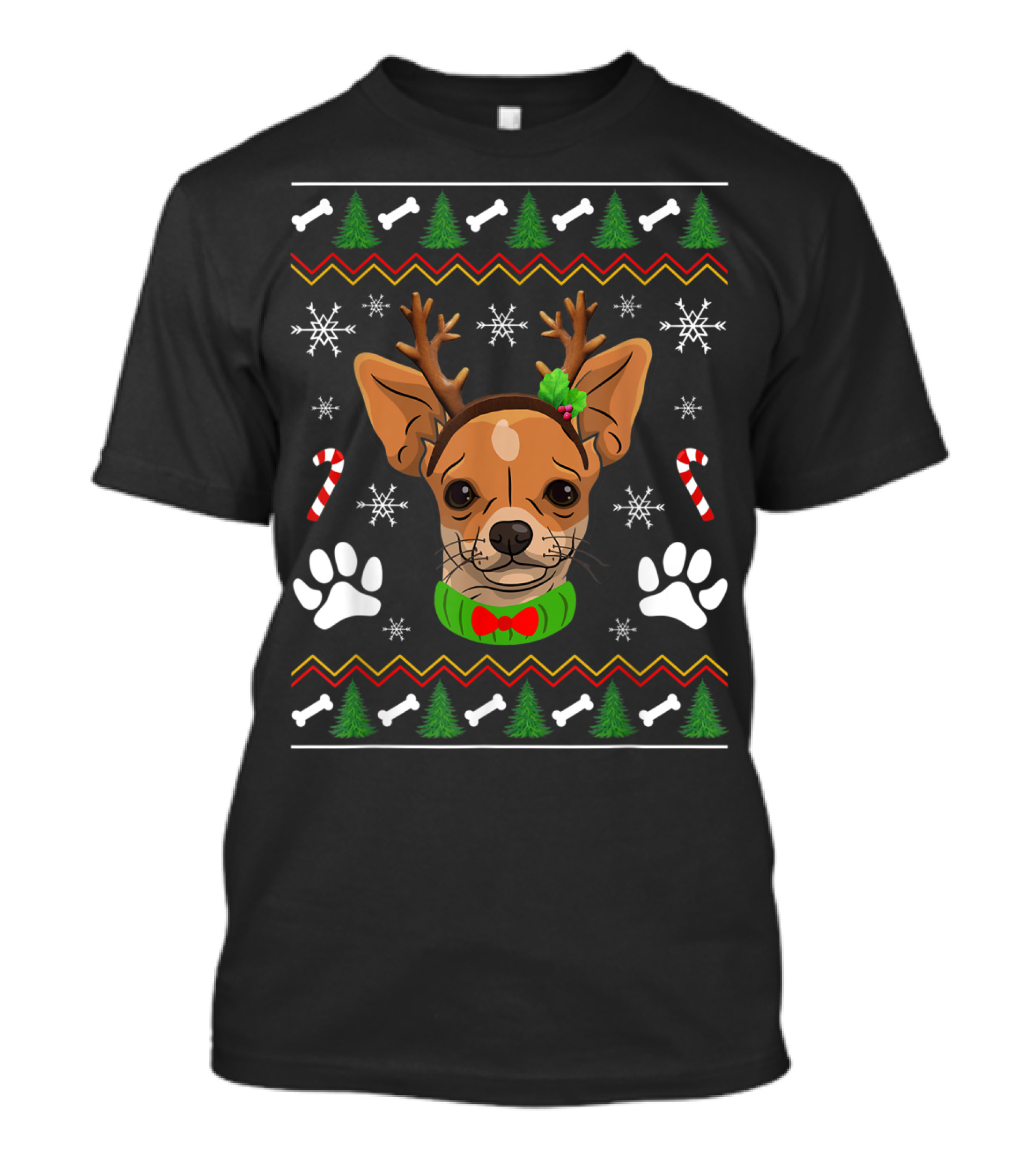 Chihuahua Dog Ugly Christmas Sweater Reindeer Antlers Candy Cane And Paw T-Shirt