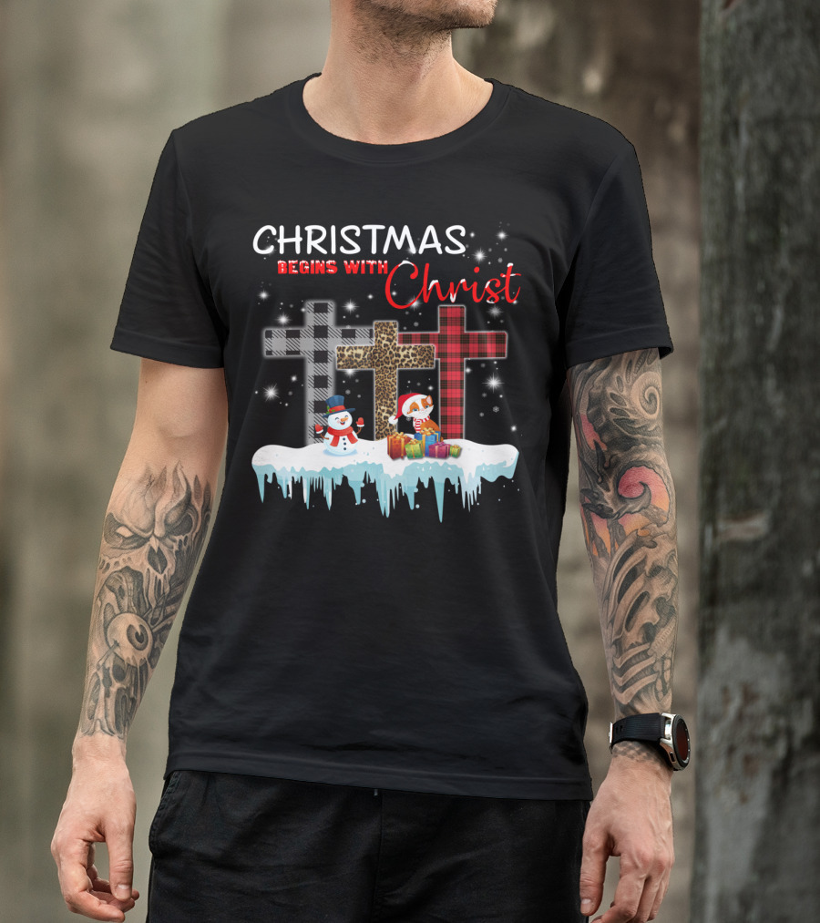 Christmas Begins With Christ Cat Snowman Gifts Crosses T-Shirt