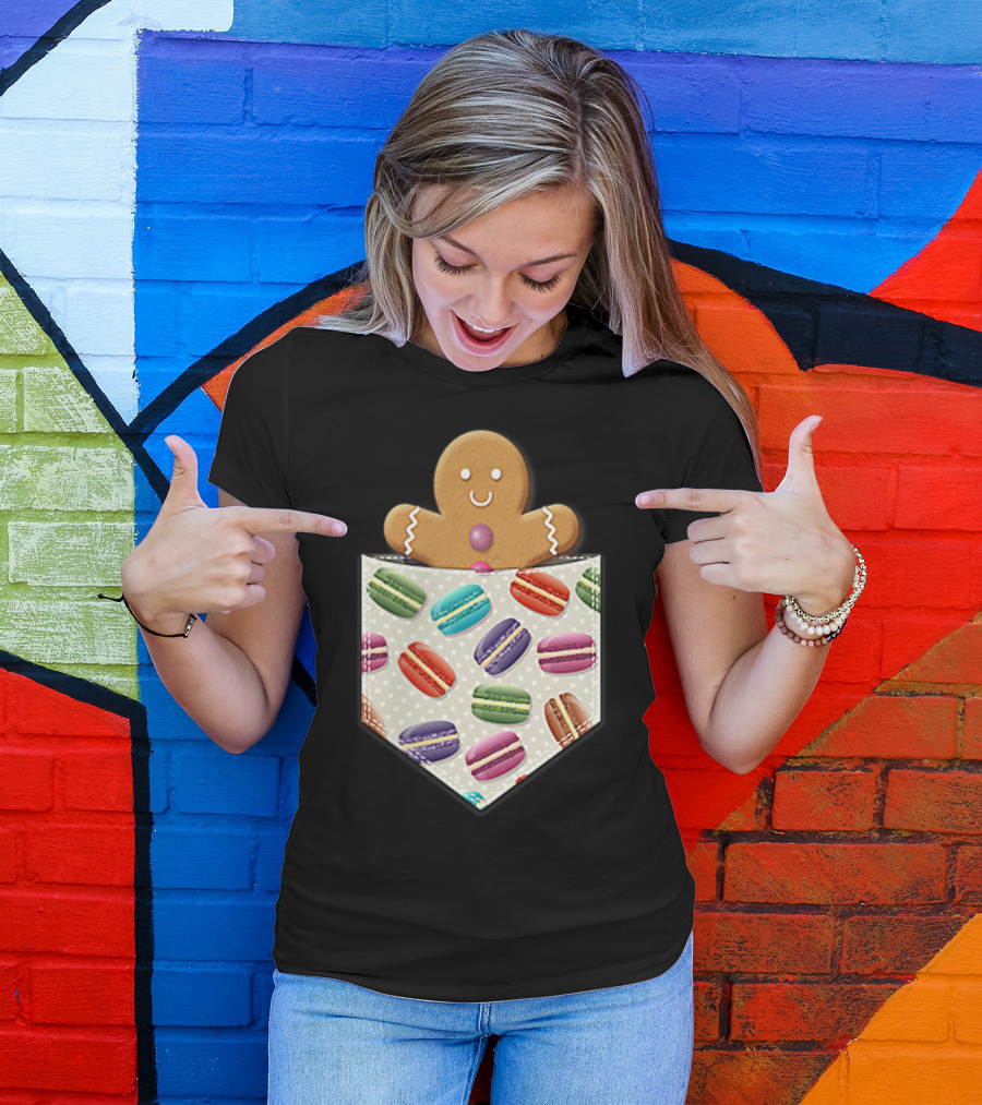 Christmas Gingerbread Man In Pocket With Colorful Macaroons T-Shirt