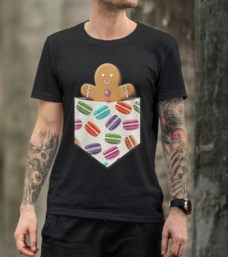 Christmas Gingerbread Man In Pocket With Colorful Macaroons T-Shirt