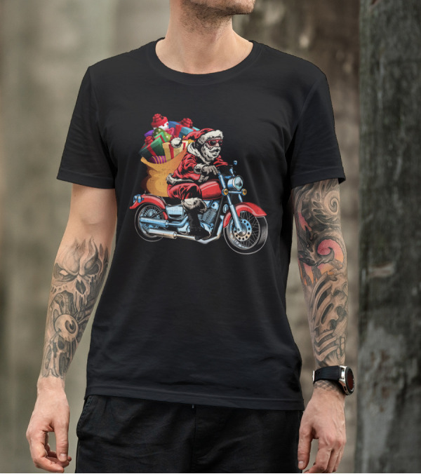 Santa Riding Motorcycle With Presents Festive Christmas Delivery T-Shirt