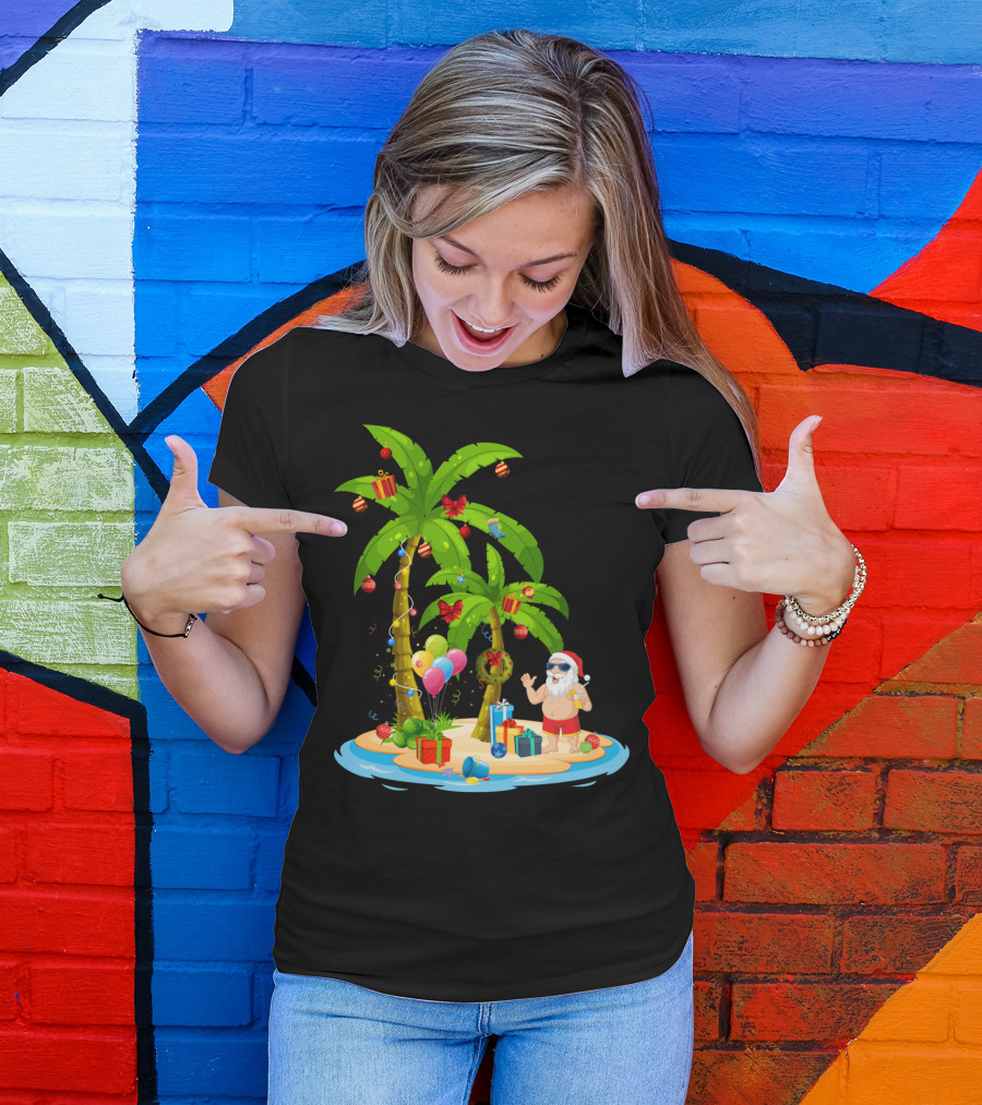 Christmas Santa Celebrating On Tropical Palm Island T-Shirt