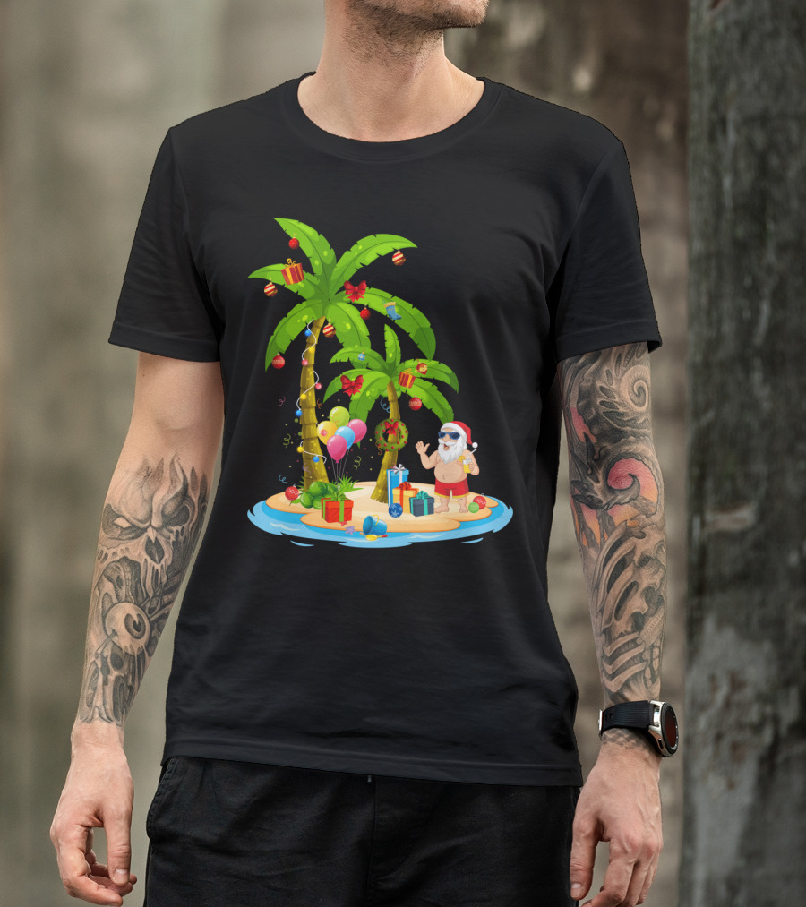 Christmas Santa Celebrating On Tropical Palm Island T-Shirt