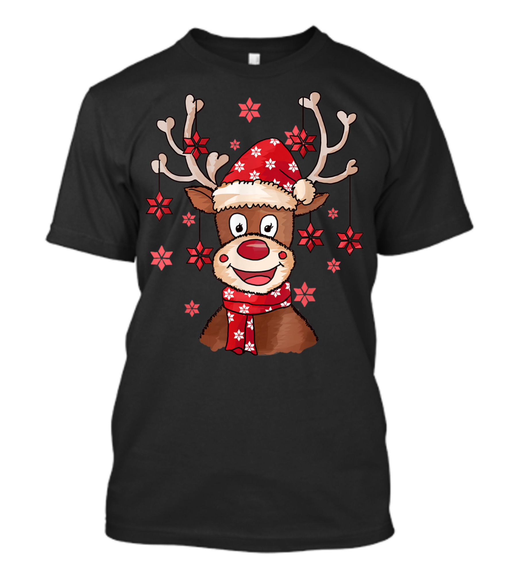 Christmas Reindeer Rudolph With Snowflakes And Santa Hat T-Shirt