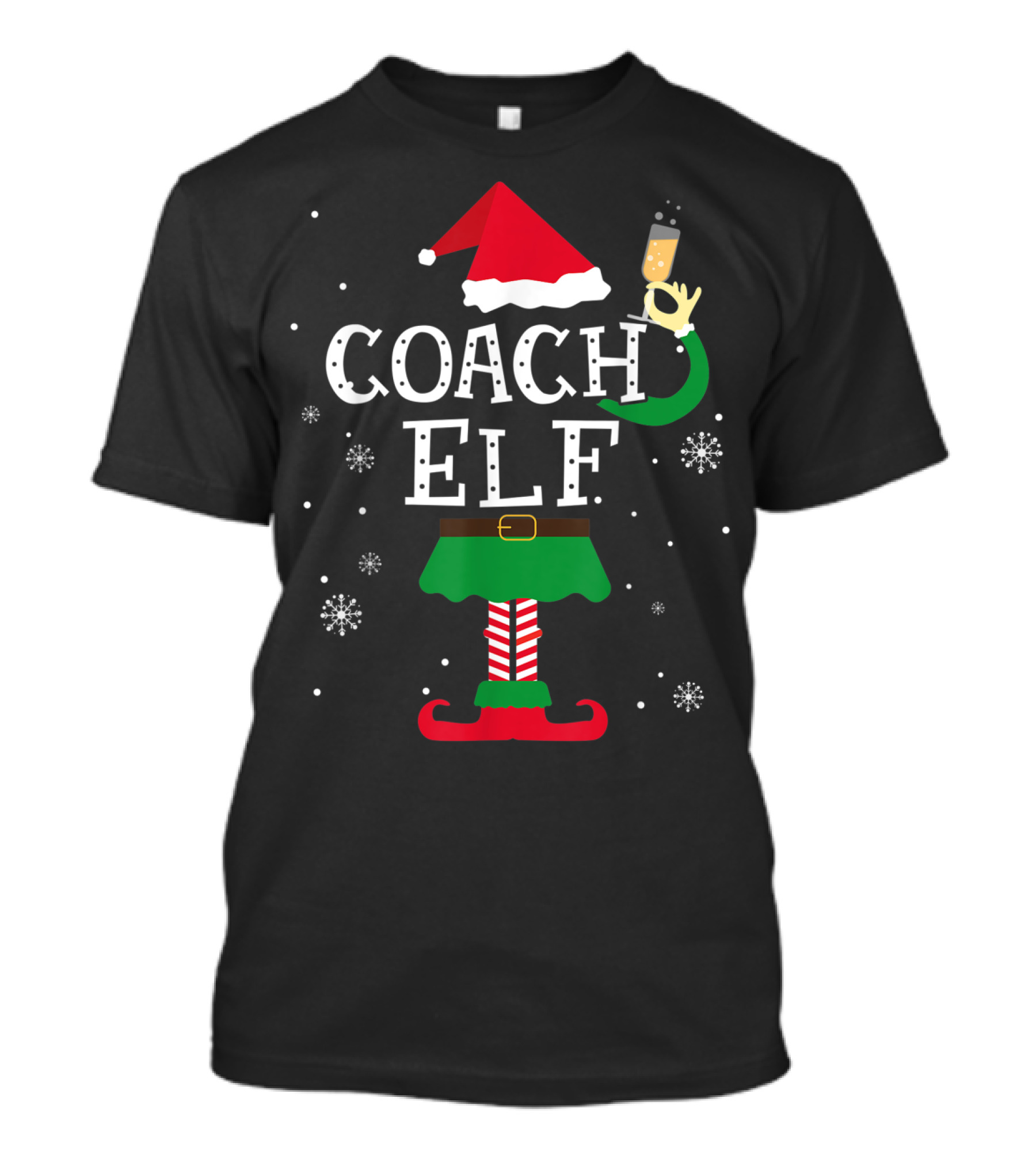 COACH ELF Santa Hat Festive Attire With Drink And Snowflakes T-Shirt