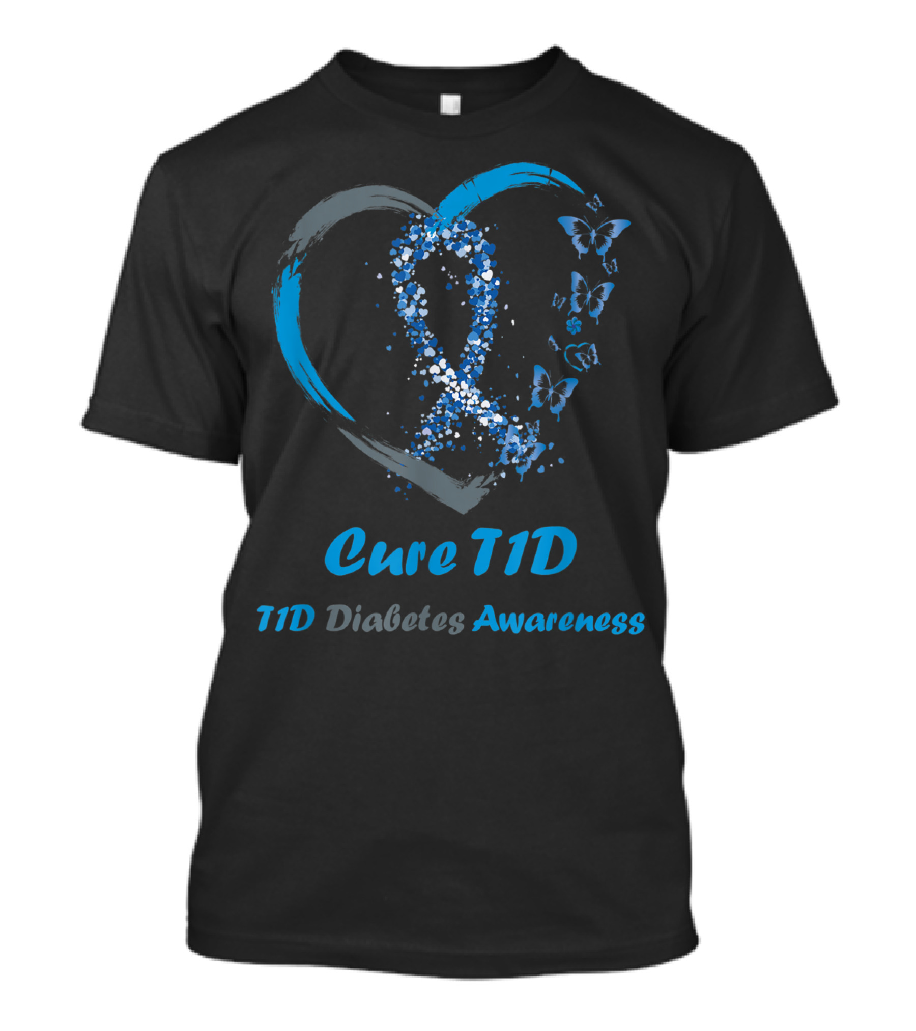 Cure T1D Diabetes Awareness Blue Ribbon Heart And Butterflies T-Shirt