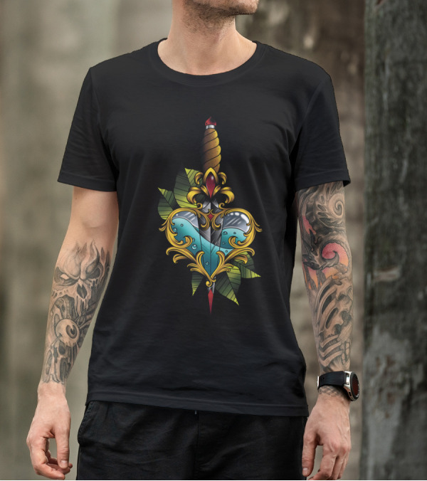 Custom Ed Dagger With Ornate Heart And Leaf T-Shirt