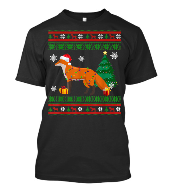 Santa Hat Cute Fox Christmas Decoration Snowflakes Tree T-Shirt