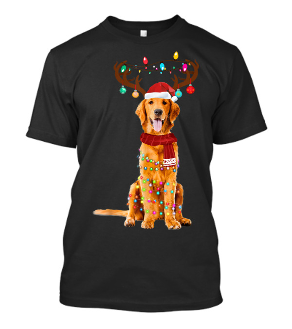 Golden Retriever Christmas Lights Reindeer Antlers Santa Hat Scarf T-Shirt