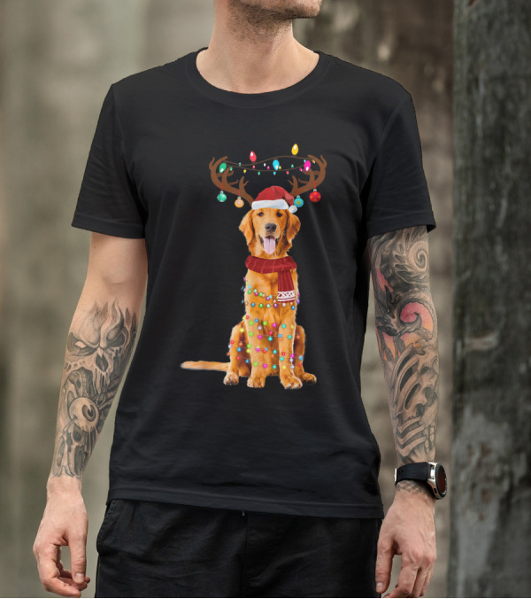 Golden Retriever Christmas Lights Reindeer Antlers Santa Hat Scarf T-Shirt