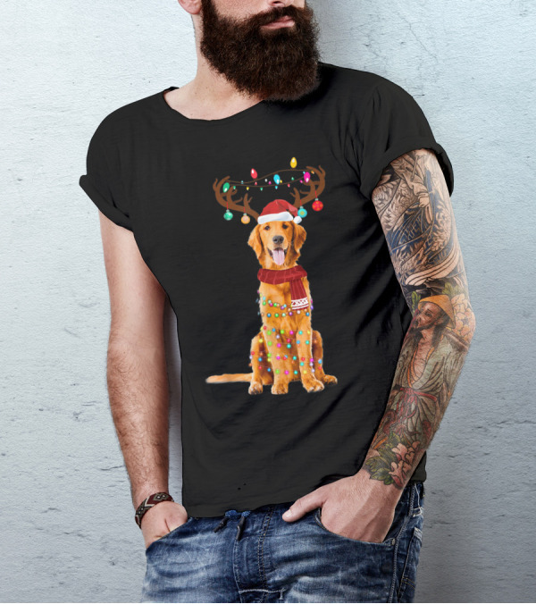 Golden Retriever Christmas Lights Reindeer Antlers Santa Hat Scarf T-Shirt