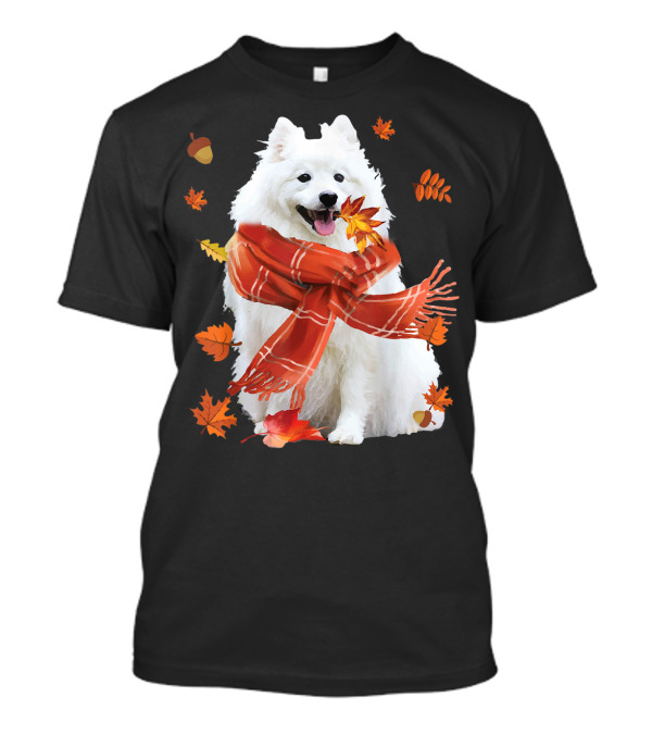 Cute Samoyed Dog With Autumn Leaves And Cozy Scarf T-Shirt