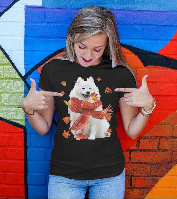 Cute Samoyed Dog With Autumn Leaves And Cozy Scarf T-Shirt