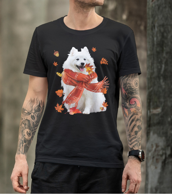 Cute Samoyed Dog With Autumn Leaves And Cozy Scarf T-Shirt