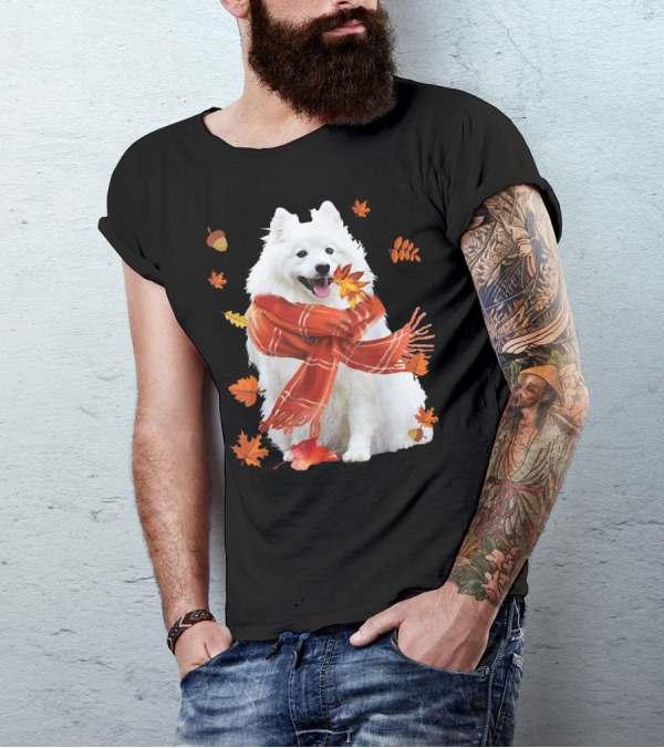 Cute Samoyed Dog With Autumn Leaves And Cozy Scarf T-Shirt