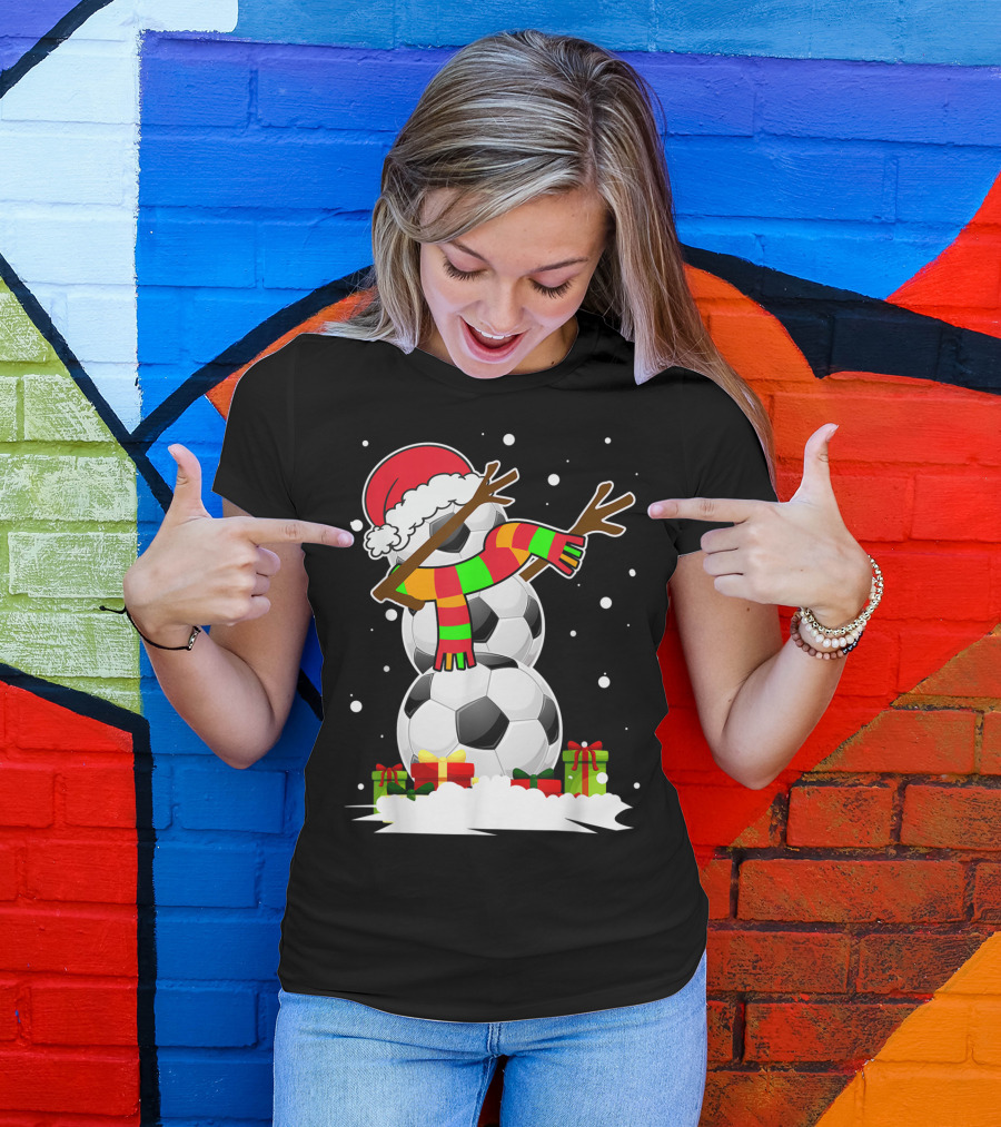Dabbing Snowman Soccer Ball Christmas Santa Hat Funny Dab T-Shirt
