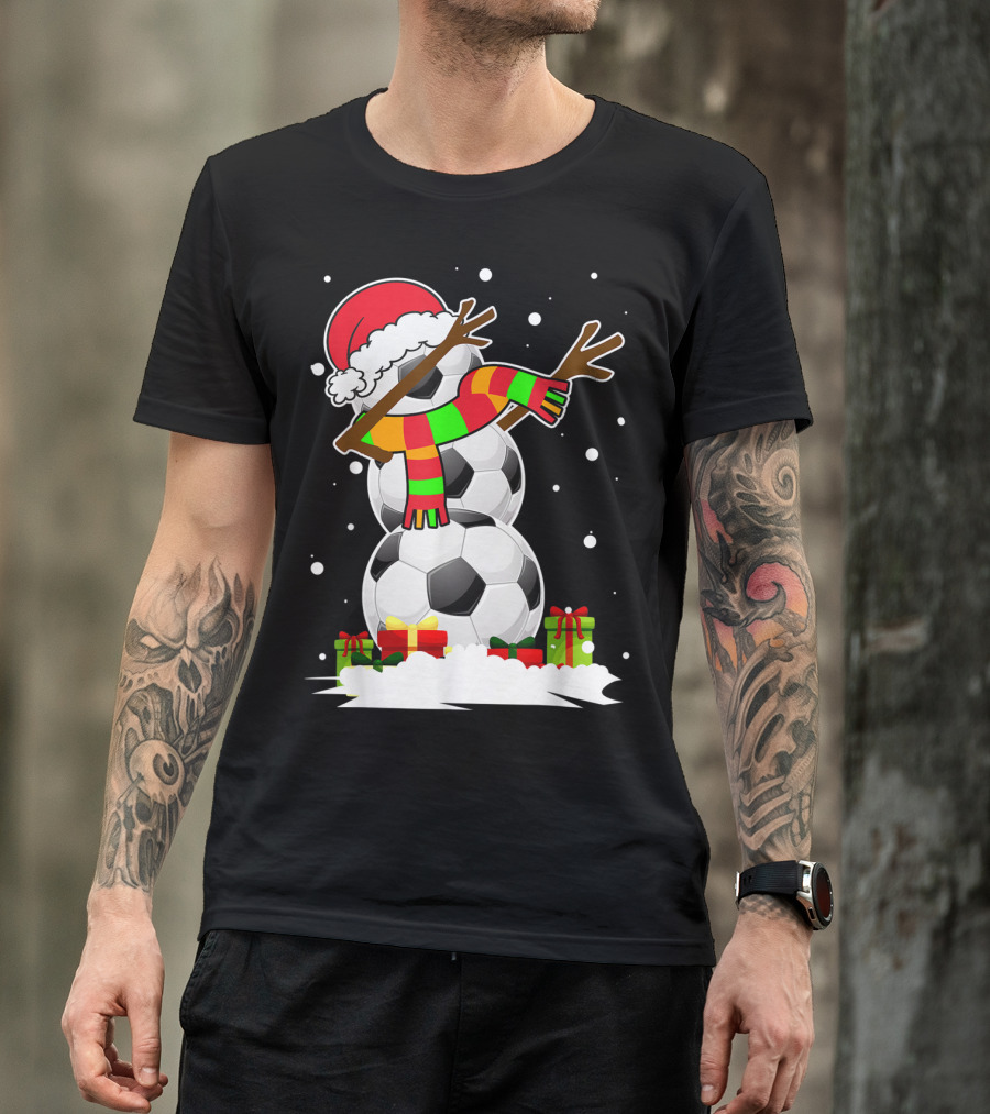 Dabbing Snowman Soccer Ball Christmas Santa Hat Funny Dab T-Shirt