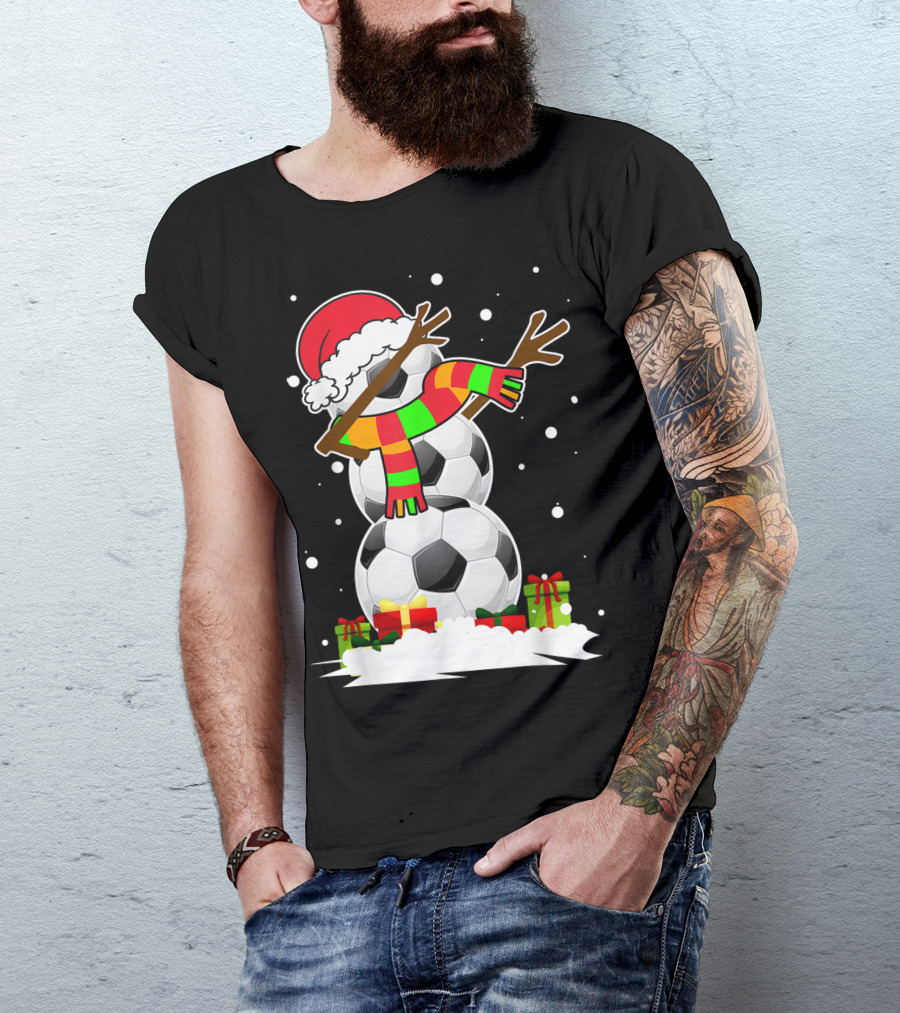 Dabbing Snowman Soccer Ball Christmas Santa Hat Funny Dab T-Shirt