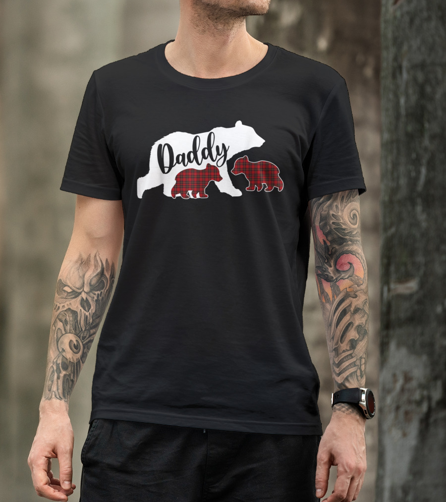 Daddy Bear With Two Red Plaid Cubs T-Shirt