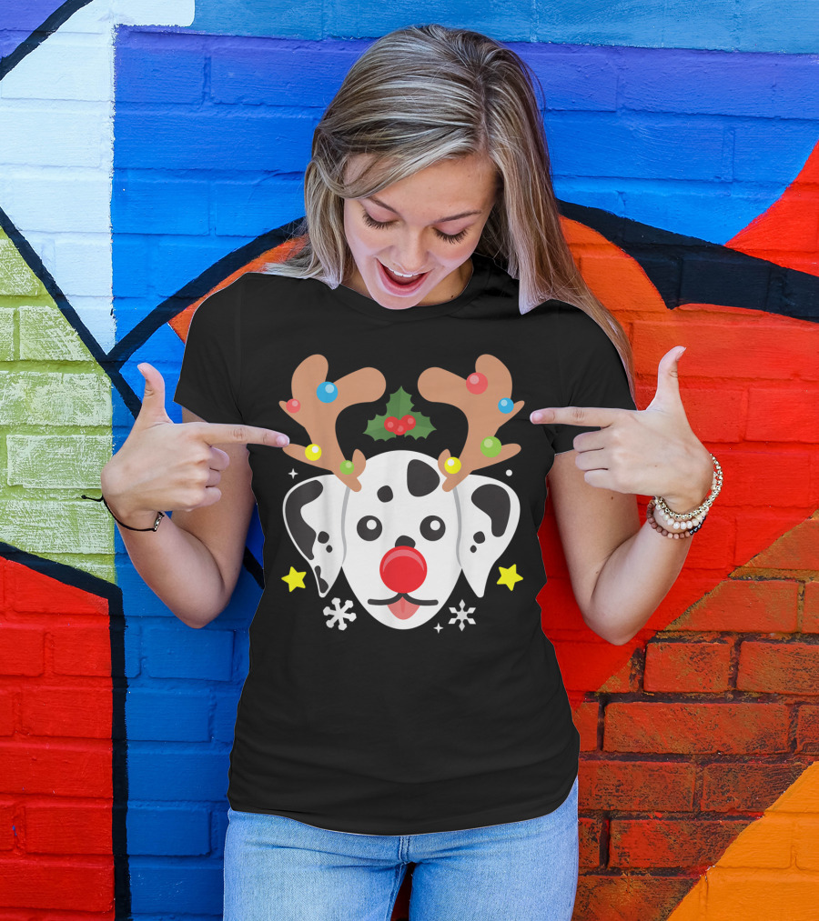 Dalmatian Reindeer With Antlers And Festive Elements T-Shirt