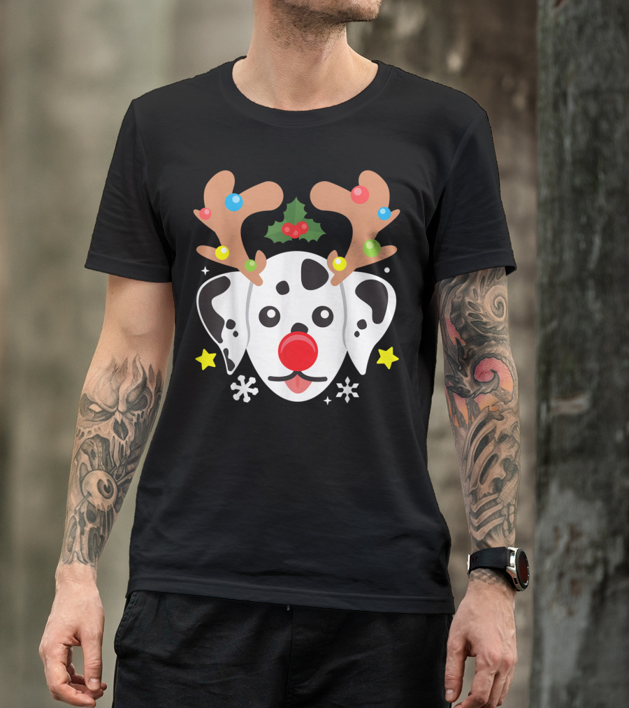 Dalmatian Reindeer With Antlers And Festive Elements T-Shirt